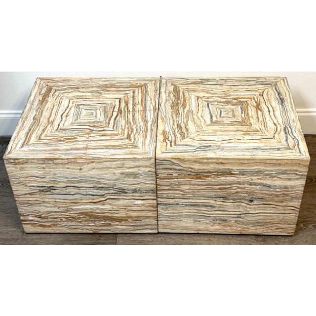 Pair Italian Specimen Travertino Oniciato Cube Side Tables, Style of Romeo Rega For Sale - Image 11 of 18