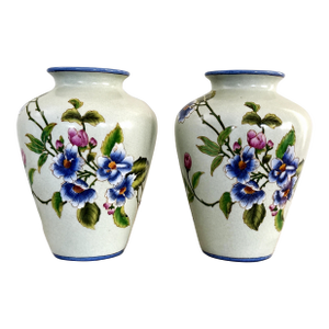 Gump’s of San Francisco - Hand Painted Floral & Butterfly Vases - A Pair