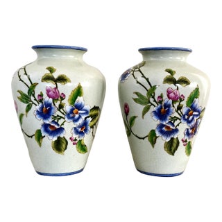 Vintage Hand Painted Floral Vases - Gump's of San Francisco For Sale