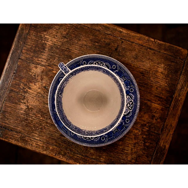 Vintage English Blue Willow Teacup & Saucer, Staffordshire Transferware, Traditional Chinoiserie For Sale - Image 4 of 7