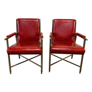 Chairs ~ Pair Vintage Mastercraft Style Red Hollywood Regency Brass Arm Chairs For Sale