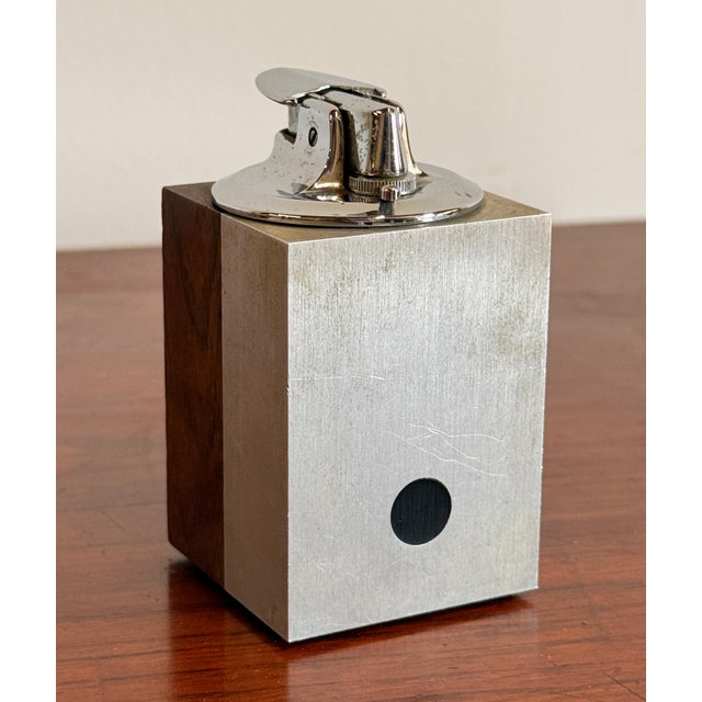 Silver Vintage Mid Century Modern Rosewood & Brushed Aluminum Table Lighter For Sale - Image 8 of 9