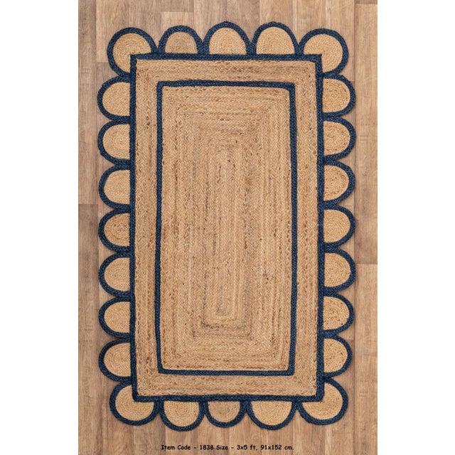 5'x8' Scallop Jute Navy Hand Made Rug, Bohemian Decor For Sale - Image 4 of 12