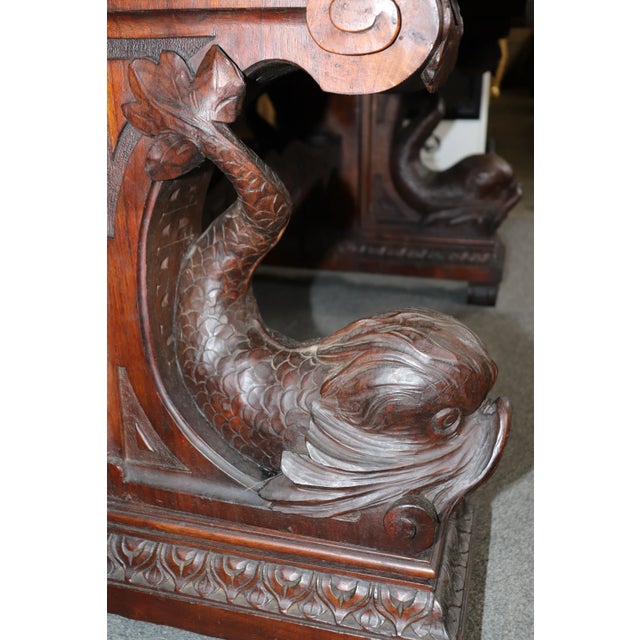 Wood Fine Carved Italian Walnut Mythical Dolphin Base Library Table Writing Desk For Sale - Image 7 of 11