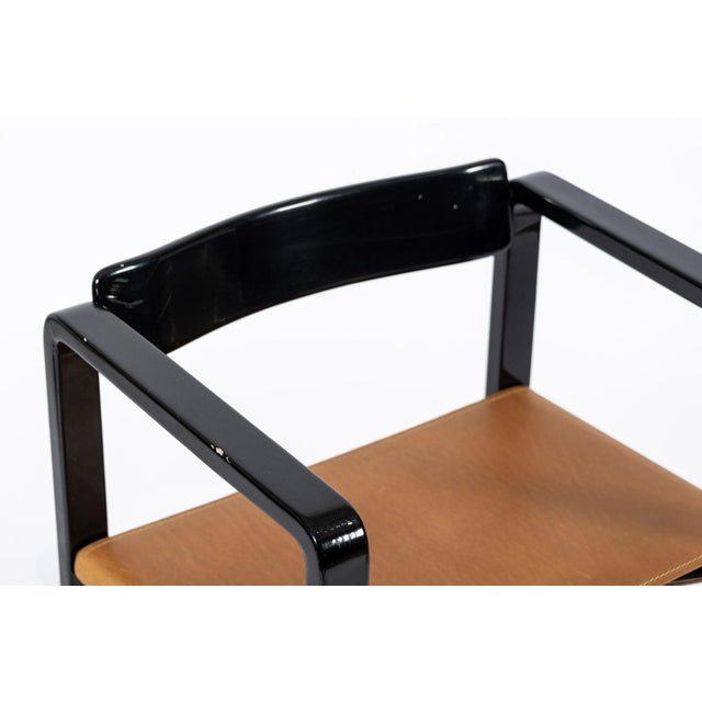 Mid Century Modern Black Lacquer and Brown Leather Arm Chairs 1970s For Sale - Image 9 of 15