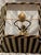 Style plastic and metal tall lamp with striped pleated shade. Gorgeous fabric and lamp details one of a kind decor look.