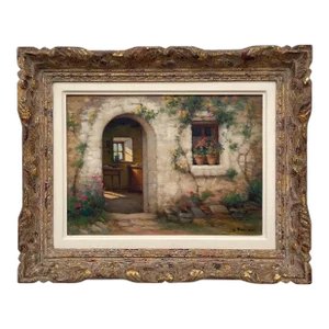 Rare Early 20th Century Realist Oil Painting of Quaint French Stone Cottage Building & Interior in an Ornate Gilt Frame From 1920's