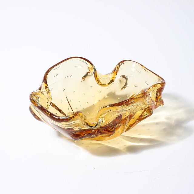 Glass Mid-Century Modernist Hand-Blown Murano Glass Bowl in Amber W/ Crimped Detailing For Sale - Image 7 of 11