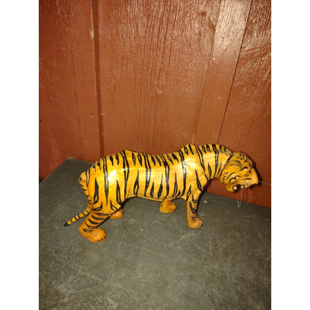 Tangerine 1960s Hand Painted Leather Tiger With Glass Eyes From India For Sale - Image 8 of 8