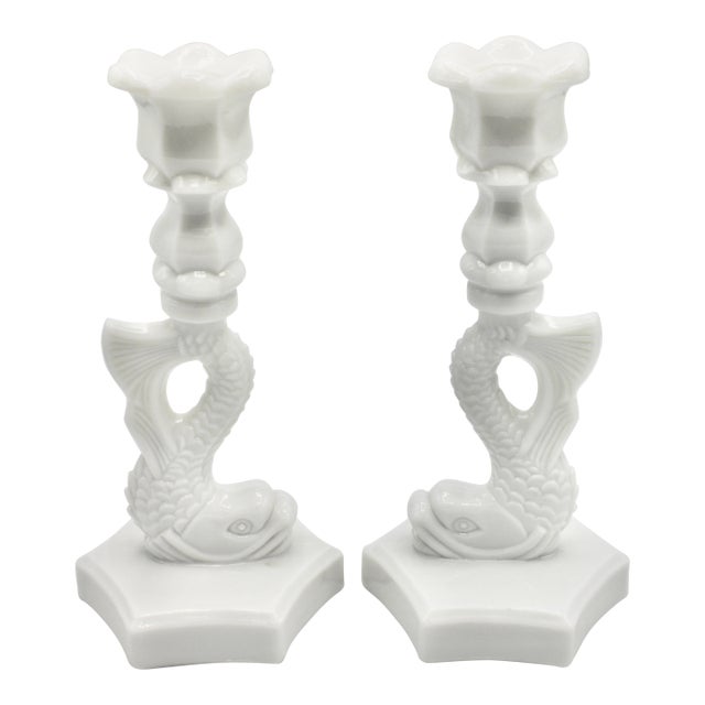 Vintage Coastal White Milk Glass Dolphin Form Candlesticks For Sale