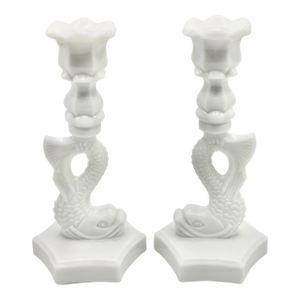 Vintage Coastal White Milk Glass Dolphin Form Candlesticks