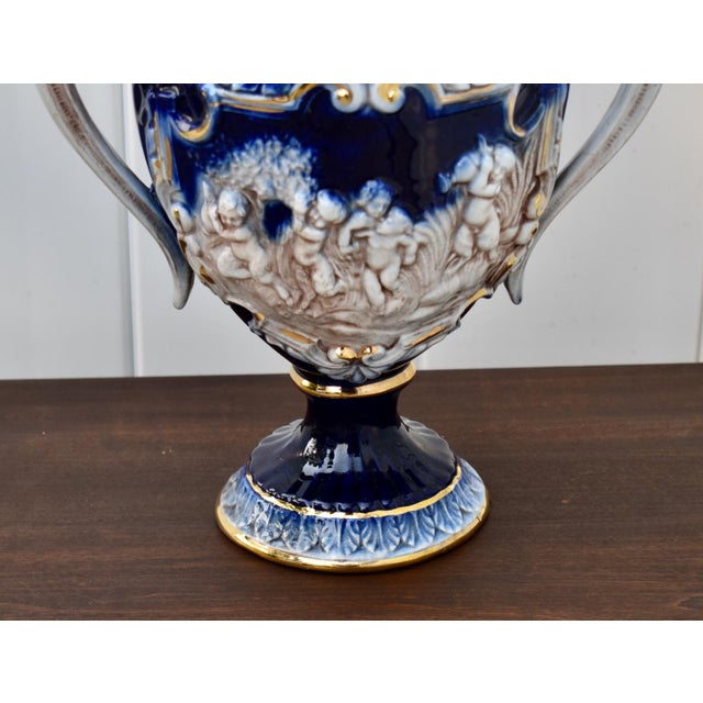 Italian Ceramic Lidded Urn Capodimonte Cobalt Blue Gold Relief Cherubs 70s For Sale - Image 10 of 16
