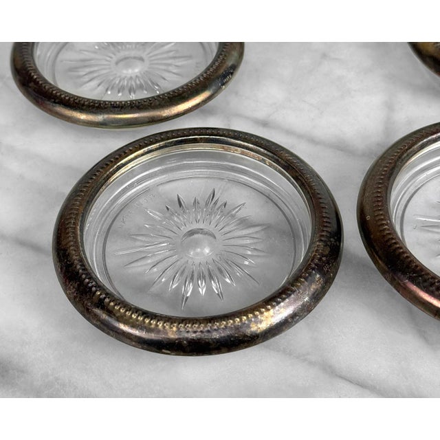 Vintage Victorian Italian Silverplate Glass Sunburst Drink Coasters - Set of 5 For Sale - Image 6 of 9