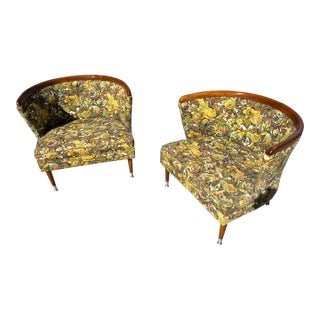 Vintage Mid Century Modern Floral Upholstered Wide Barrelback Chairs- a Pair For Sale