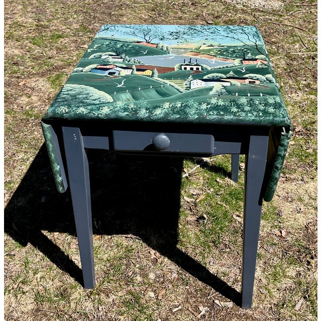 Hand Painted Side Table Signed CCM Oil Painted Landscape of Mountain Village & Seascape For Sale - Image 9 of 9