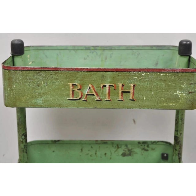 Art Deco Antique "Bath House 2" Green Painted Metal 3 Tier Rolling Bathroom Trolley Cart For Sale - Image 3 of 12