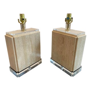 Sculptural Pair of Travertine & Lucite Table Lamps — Geometric Postmodern Italian Design For Sale