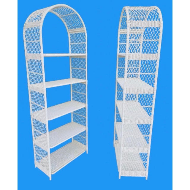 1970s Vintage Boho Chic Arched Rattan & Wicker Bookcases Étagère- a Pair For Sale - Image 9 of 12