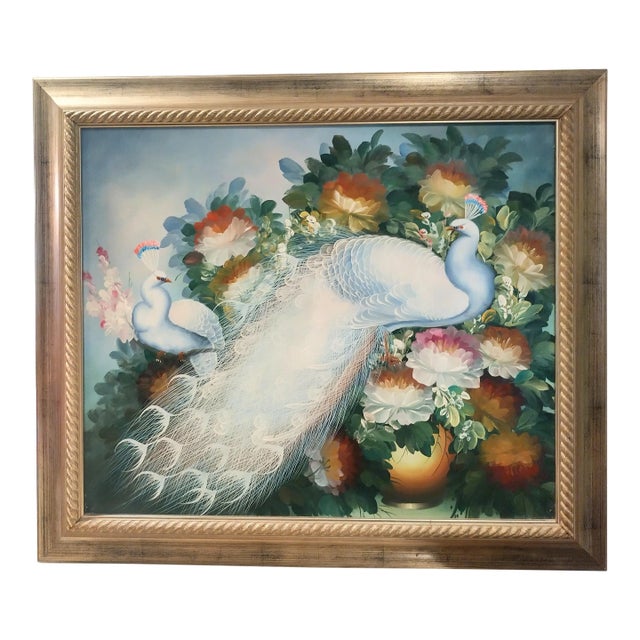 Hand Painted Oil on Canvas Peacock Colorful Framed Art Wall Painting For Sale