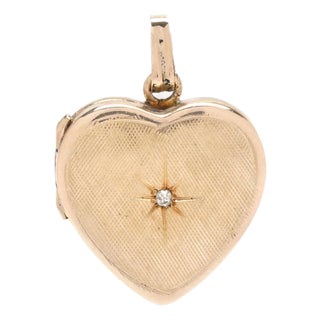 1990s Small Diamond Heart Locket, 14k Yellow Gold, Length .75 In For Sale