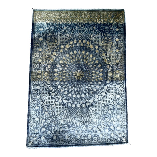 Vintage Turkish Hand-Knotted Silk Rug | 2 X 2'10 Ft | Elegant Medallion Rug For Sale