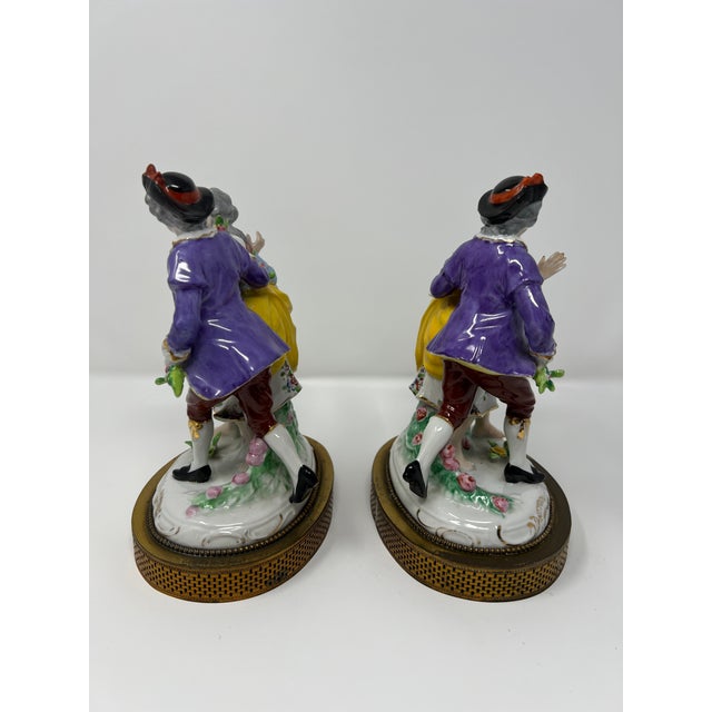 Dresden Porcelain Pair of Dresden Style Porcelain Courting Couple Figurines on Pierced Metal Bases, Circa 1900 For Sale - Image 4 of 10