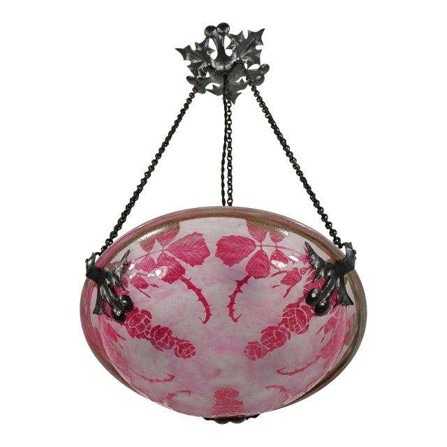 French Art Deco Pendant Light by Le Verre Francais Schneider - 1925 Cameo Chandelier France For Sale