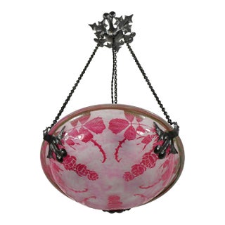 Schneider Le Verre Francais Les Roses Pendant 1920s - Wrought Iron & Deep Pink Cameo Glass For Sale