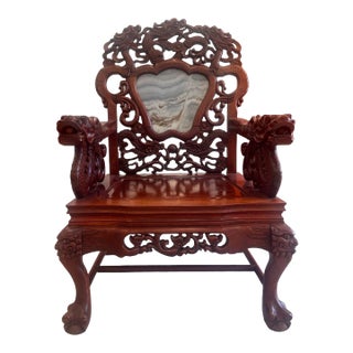 Antique Chinese Rosewood Dragon Armchair – Peranakan Style Carved Chair With Marble Insert, C. Late 19th or Early 20th Century For Sale