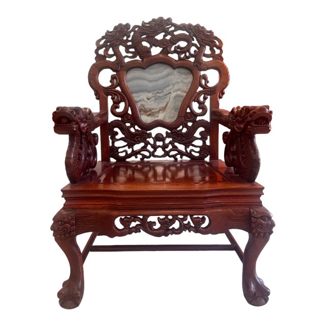 Antique Chinese Rosewood Dragon Armchair – Peranakan Style Carved Chair With Marble Insert, C. Late 19th or Early 20th Century For Sale