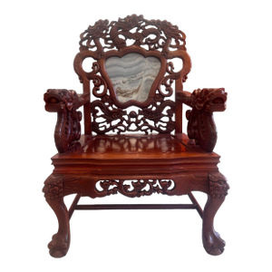 Antique Chinese Rosewood Dragon Armchair – Peranakan Style Carved Chair With Marble Insert, C. Late 19th or Early 20th Century