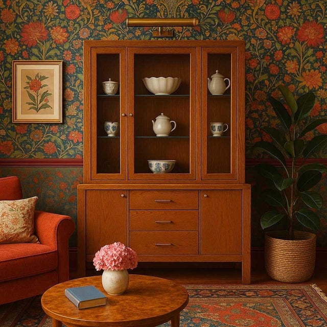 Brown Vintage Bernhardt Oak Glass Display Hutch Cabinet With Light, 1980s, Traditional For Sale - Image 8 of 18