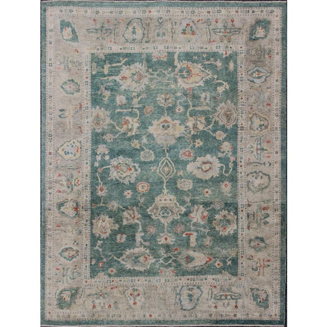 Green Color Turkish Oushak Rugby Keivan Woven Arts 10'7'' X 13'8'' For Sale In Atlanta - Image 6 of 6