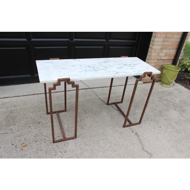 Metal Vintage Art Deco Modern Skyscraper Iron & Carrera Marble Console Table For Sale - Image 7 of 8