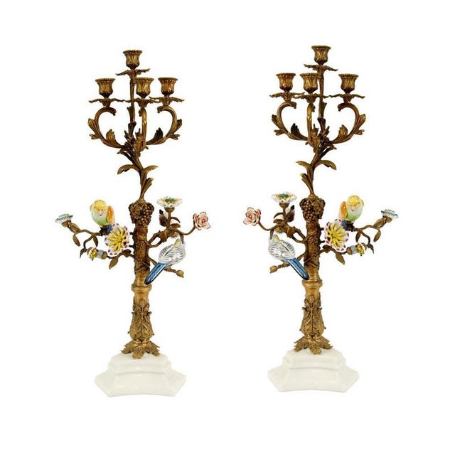 Metal French Gilt Candleholders in Bird Porcelain, Set of 2 For Sale - Image 7 of 7
