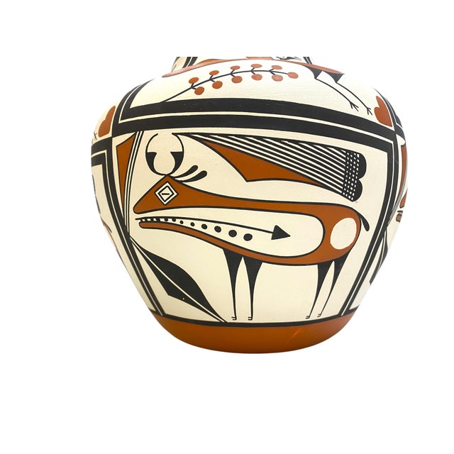 Large Adrian Vallo (Acoma Pueblo) New Mexico Native American Olla Jar/Vase With Heartline Deer and Bird Motif For Sale - Image 9 of 13
