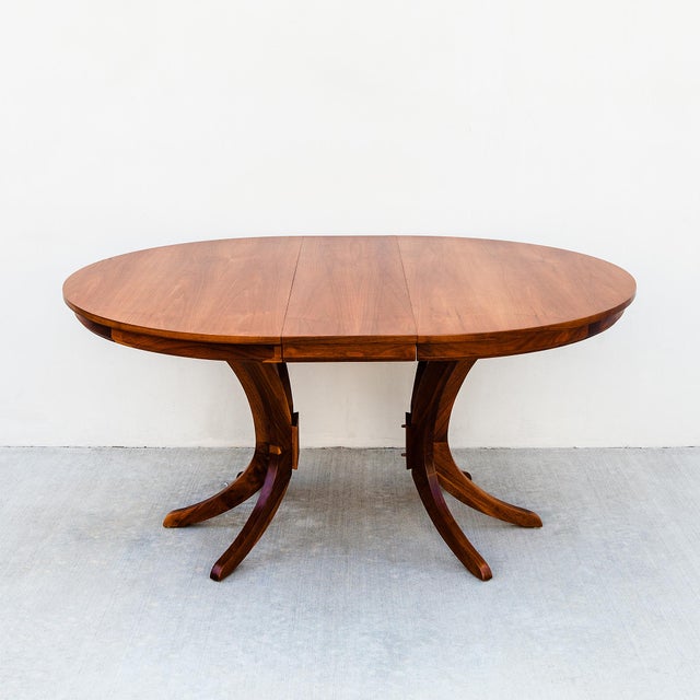 Restored Mid Century Modern Round Walnut Pedestal Base Dining Table For Sale - Image 10 of 14