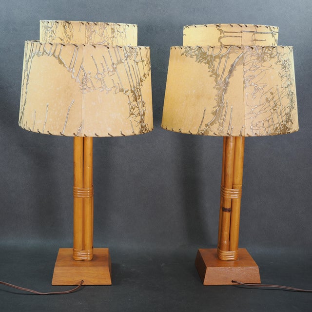 Hollywood Regency 1960s Mid-Century Rattan Lamps With Two Tiered Fiberglass Drum Shades, Pair For Sale - Image 3 of 9