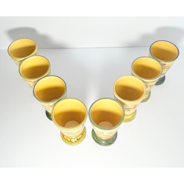 Terre E Provence Yellow & Green Ceramic Footed Tumbler Drinking Glasses - Set of 8 For Sale - Image 4 of 5