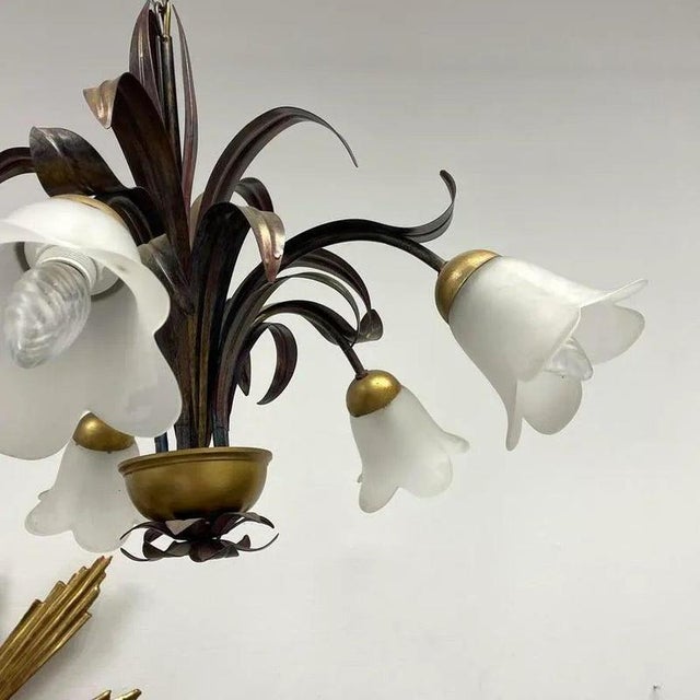 Large Florentine Style Metal Slender Leaves Chandelier, Italy, 1980s For Sale - Image 3 of 9