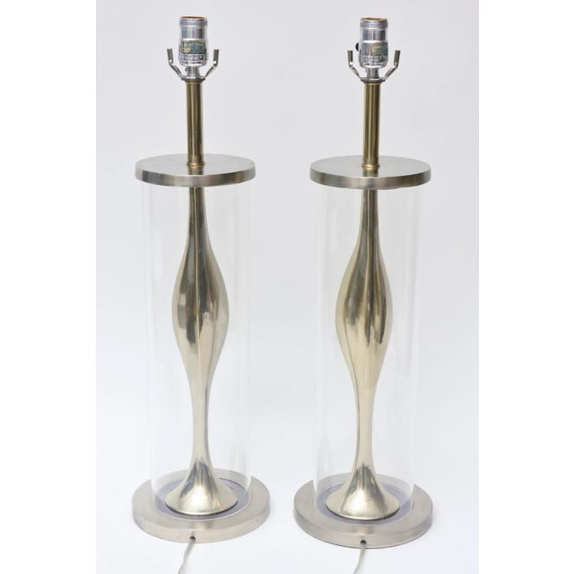 Vintage Laurel Lamp Co. Mixed Metal and Lucite Sculptural Table Lamps Mid Century Modern Pair of Restored For Sale - Image 9 of 10