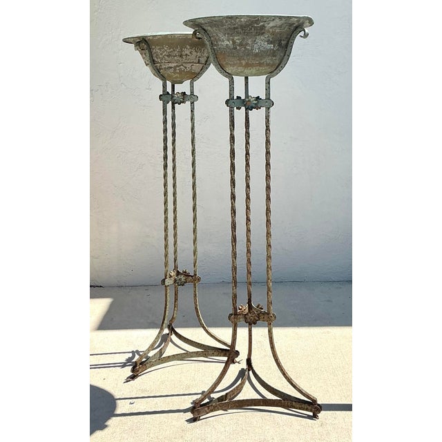 Spanish Revival Vintage Patinated Twisted Wrought Iron and Copper Plant Stands For Sale - Image 3 of 12