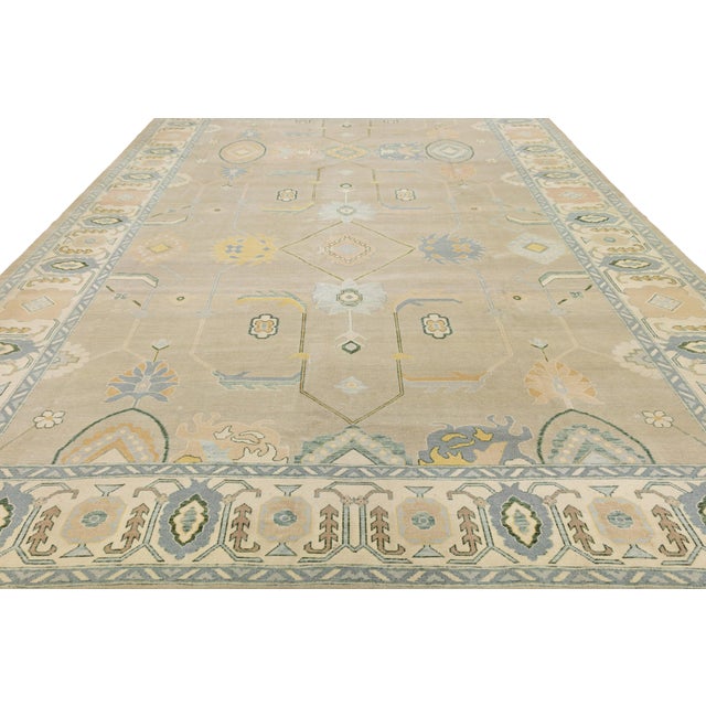 Modern Oushak Wool Rug Handmade in Muted Tones With Geometric Medallion Design For Sale - Image 11 of 11