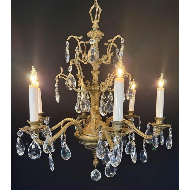 Metal Antique French Brass & Crystal Chandelier For Sale - Image 7 of 10