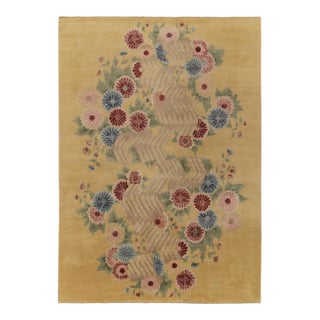Rug & Kilim Chinese Style Art Deco Rug in Gold with Red & Blue Floral Patterns - 12'x15' For Sale