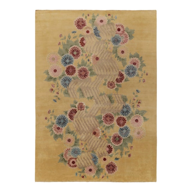 Rug & Kilim Chinese Style Art Deco Rug in Gold with Red & Blue Floral Patterns - 12'x15' For Sale