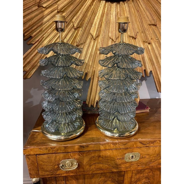 Exqusite pair of modern Murano glass lamps in a gorgeous shade of Fontina green. These add a lovely textural look. An...