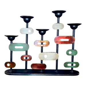 Striking Abstract Cubist Colorful Sculpture MCM Black Metal Candle Stand Unsigned