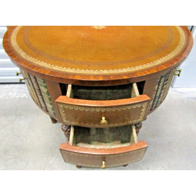 1950s 1950s Vintage Maitland Smith Signature Tromp l'Oeil Center Drum Table Tooled Leather For Sale - Image 5 of 12