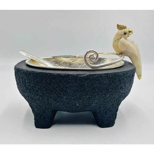Mexican Emilia Castillo Cockatoo Silver Bowl With Volcanic Rock Base, 1980s For Sale - Image 3 of 18